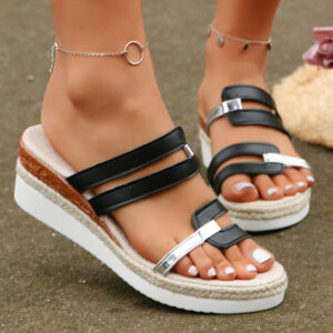women’s summer wedge sandals – colorblock strap, hemp heel, comfortable outdoor slides